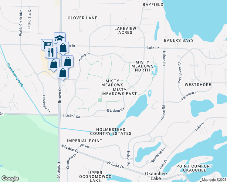 map of restaurants, bars, coffee shops, grocery stores, and more near N57W35620 Misty Terrace in Oconomowoc