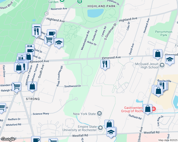 map of restaurants, bars, coffee shops, grocery stores, and more near 1167 Elmwood Avenue in Rochester