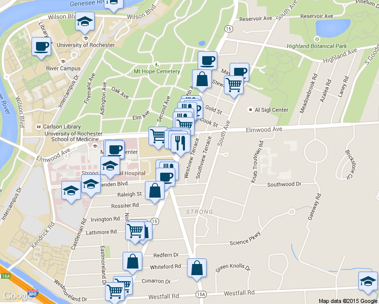 map of restaurants, bars, coffee shops, grocery stores, and more near 1360-1370 Mount Hope Avenue in Rochester