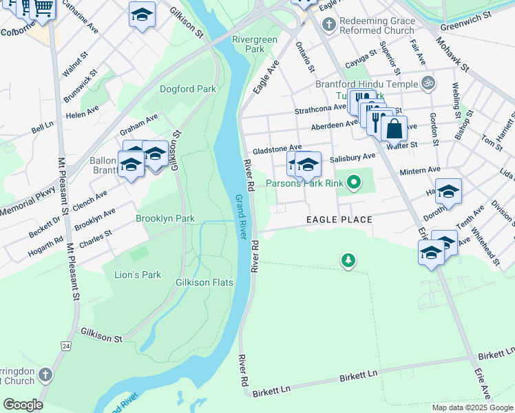 map of restaurants, bars, coffee shops, grocery stores, and more near 74 River Road in Brantford