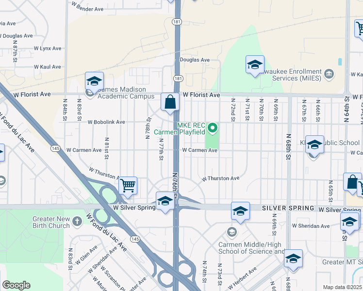 map of restaurants, bars, coffee shops, grocery stores, and more near 7508 West Carmen Avenue in Milwaukee