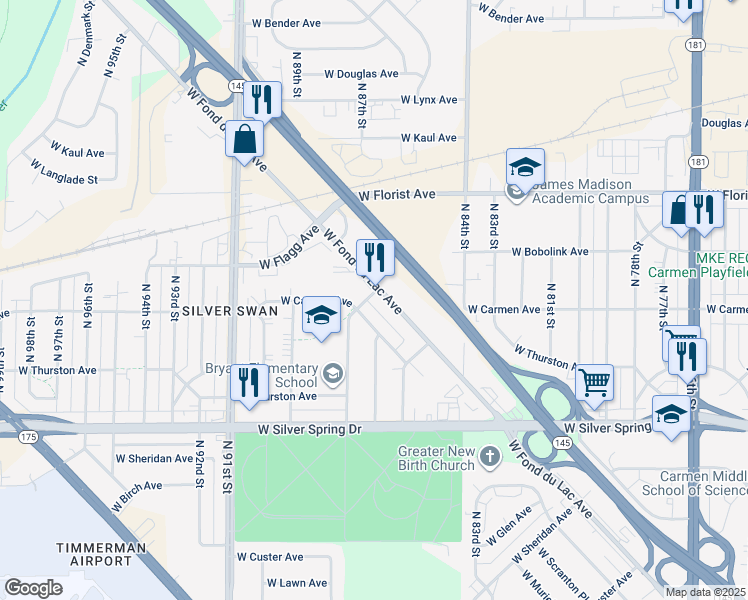 map of restaurants, bars, coffee shops, grocery stores, and more near 8688 West Medford Avenue in Milwaukee