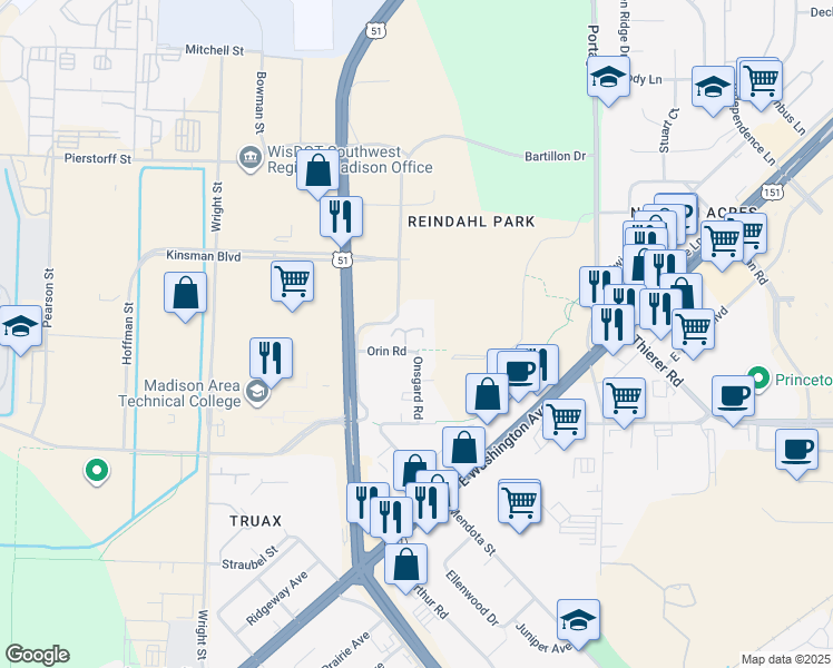 map of restaurants, bars, coffee shops, grocery stores, and more near 3812 Orin Road in Madison