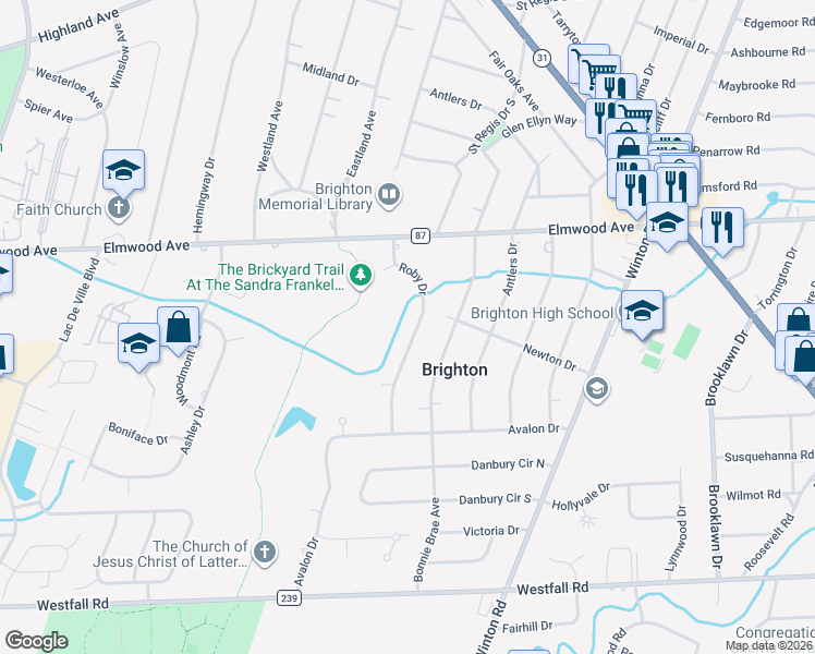 map of restaurants, bars, coffee shops, grocery stores, and more near 119 Roby Drive in Rochester