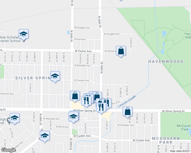 map of restaurants, bars, coffee shops, grocery stores, and more near 5822 North 61st Street in Milwaukee