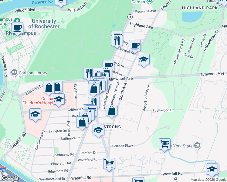 map of restaurants, bars, coffee shops, grocery stores, and more near 67 Southview Terrace in Rochester