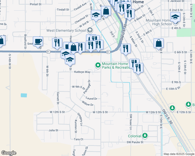 map of restaurants, bars, coffee shops, grocery stores, and more near 855 South 5th West Street in Mountain Home