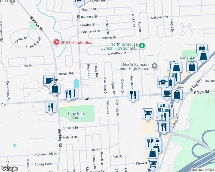 map of restaurants, bars, coffee shops, grocery stores, and more near 114 Pine Tree Dr in Syracuse