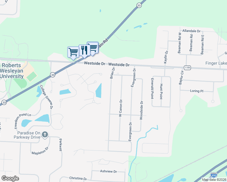 map of restaurants, bars, coffee shops, grocery stores, and more near 24 Brian Drive in Rochester