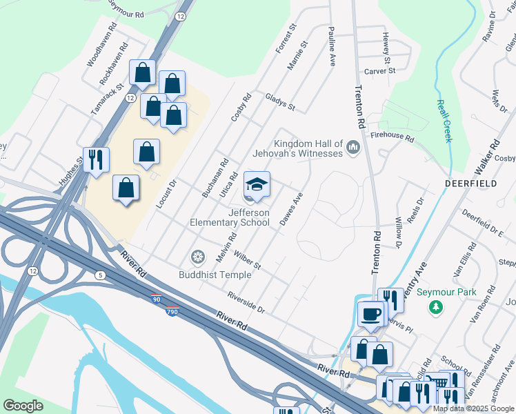 map of restaurants, bars, coffee shops, grocery stores, and more near 190 Booth Street in Utica