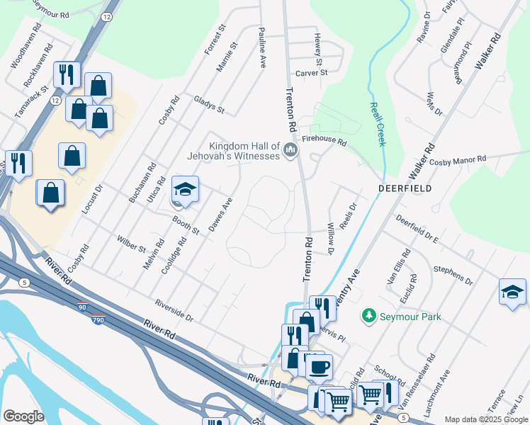 map of restaurants, bars, coffee shops, grocery stores, and more near Independence Square in Utica