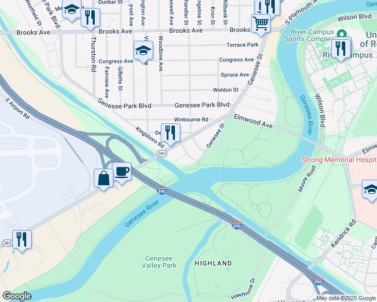 map of restaurants, bars, coffee shops, grocery stores, and more near 46 Vixette Street in Rochester