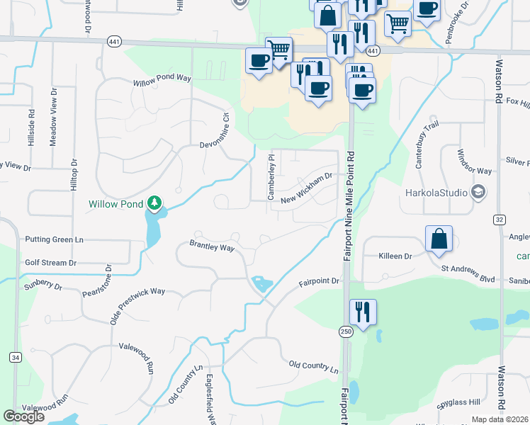 map of restaurants, bars, coffee shops, grocery stores, and more near 69 Camberley Place in Penfield