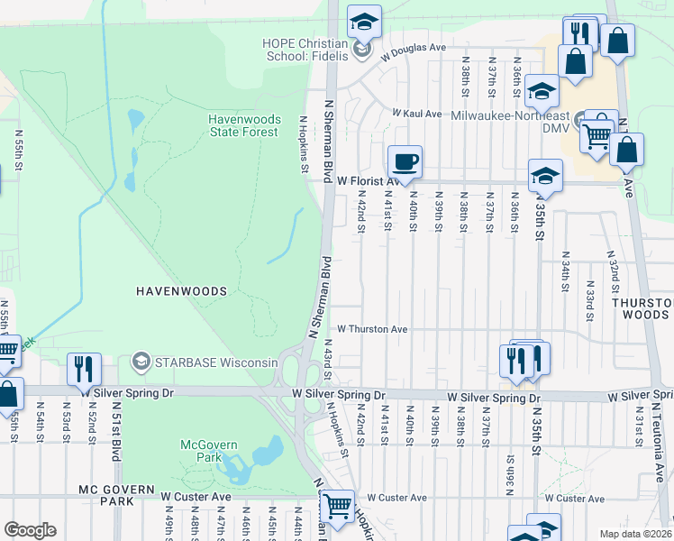 map of restaurants, bars, coffee shops, grocery stores, and more near 5822 North 43rd Street in Milwaukee