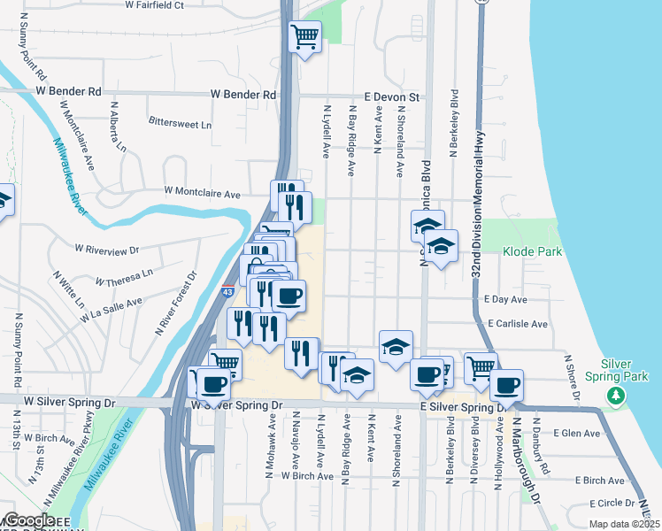 map of restaurants, bars, coffee shops, grocery stores, and more near 5850 North Lydell Avenue in Whitefish Bay