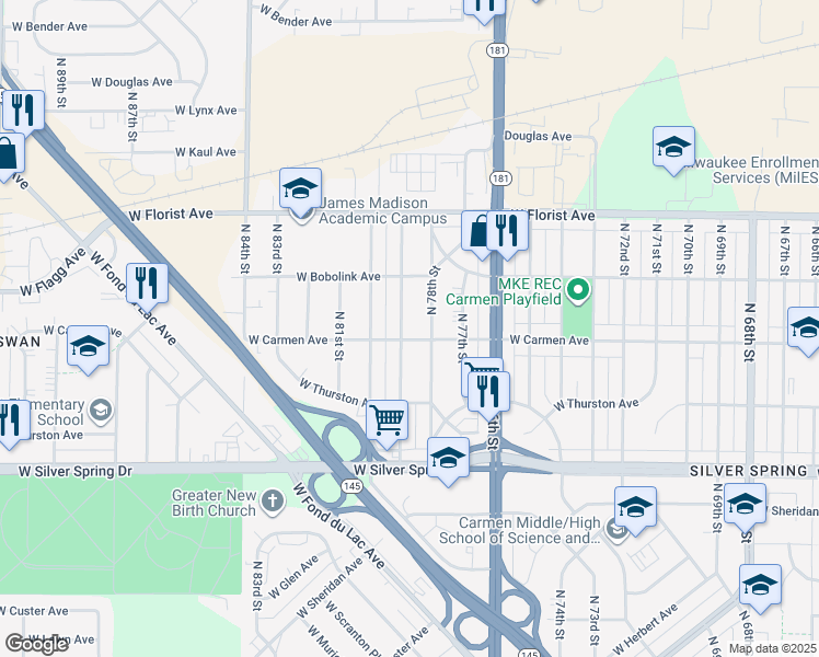map of restaurants, bars, coffee shops, grocery stores, and more near 5808 North 79th Street in Milwaukee