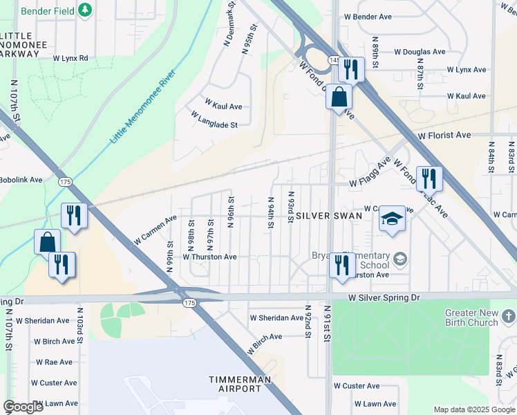 map of restaurants, bars, coffee shops, grocery stores, and more near 9444 West Carmen Avenue in Milwaukee