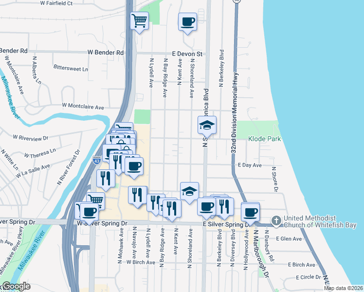 map of restaurants, bars, coffee shops, grocery stores, and more near 5850 North Kent Avenue in Whitefish Bay