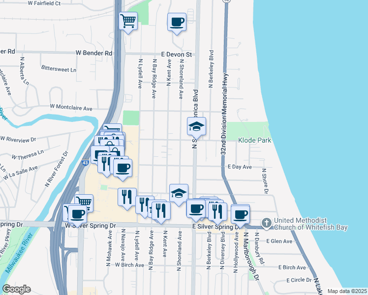 map of restaurants, bars, coffee shops, grocery stores, and more near 5850 North Shoreland Avenue in Whitefish Bay