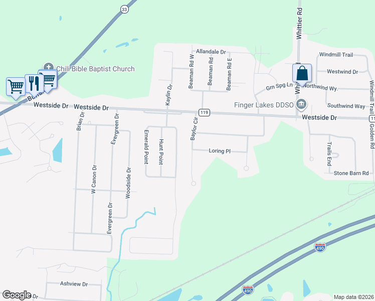 map of restaurants, bars, coffee shops, grocery stores, and more near 19 Baylor Cir in Rochester