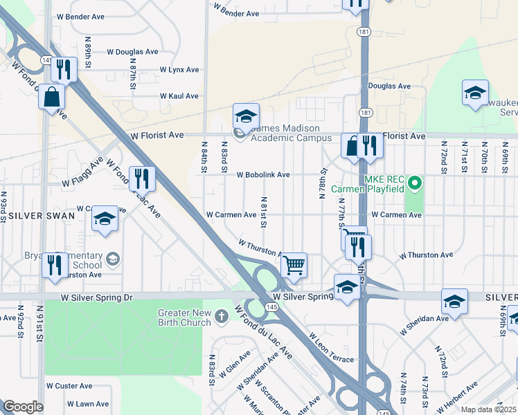 map of restaurants, bars, coffee shops, grocery stores, and more near 5811 North 81st Street in Milwaukee