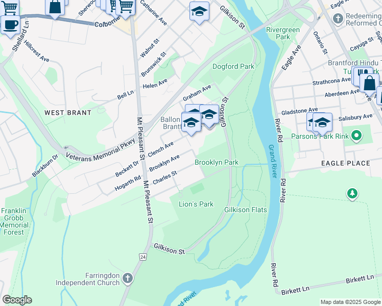 map of restaurants, bars, coffee shops, grocery stores, and more near 26 Brooklyn Avenue in Brantford