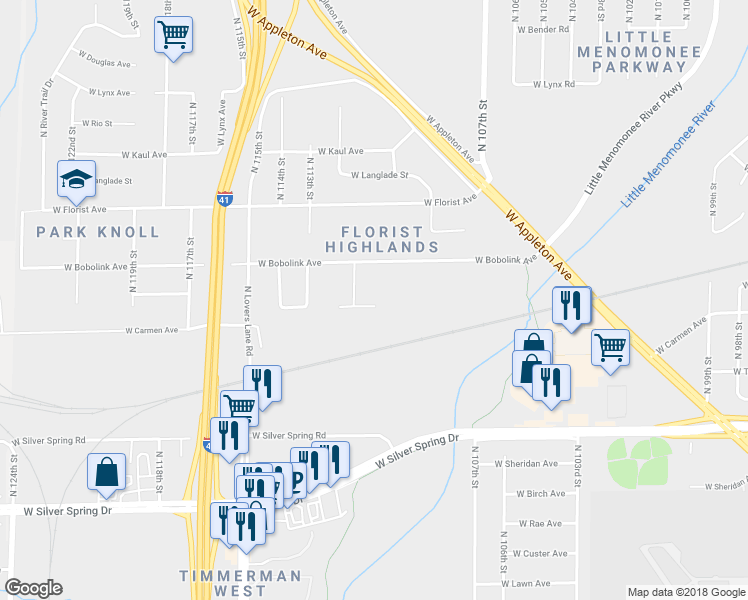 map of restaurants, bars, coffee shops, grocery stores, and more near 11010 West Carmen Avenue in Milwaukee