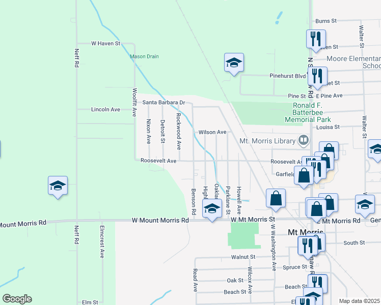 map of restaurants, bars, coffee shops, grocery stores, and more near 8151 Benson Road in Mount Morris