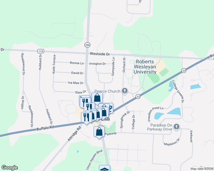 map of restaurants, bars, coffee shops, grocery stores, and more near 37 Sunnyside Lane in North Chili