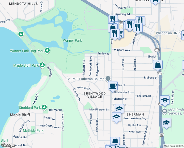 map of restaurants, bars, coffee shops, grocery stores, and more near 2301 Brentwood Parkway in Madison