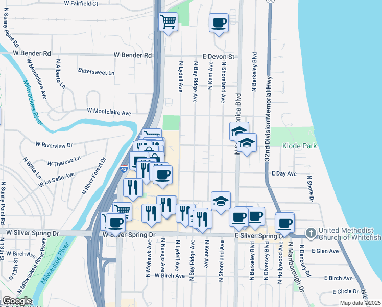 map of restaurants, bars, coffee shops, grocery stores, and more near 5849 North Bay Ridge Avenue in Whitefish Bay