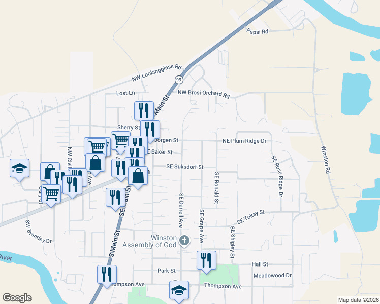 map of restaurants, bars, coffee shops, grocery stores, and more near 71 Northeast Darrell Avenue in Winston