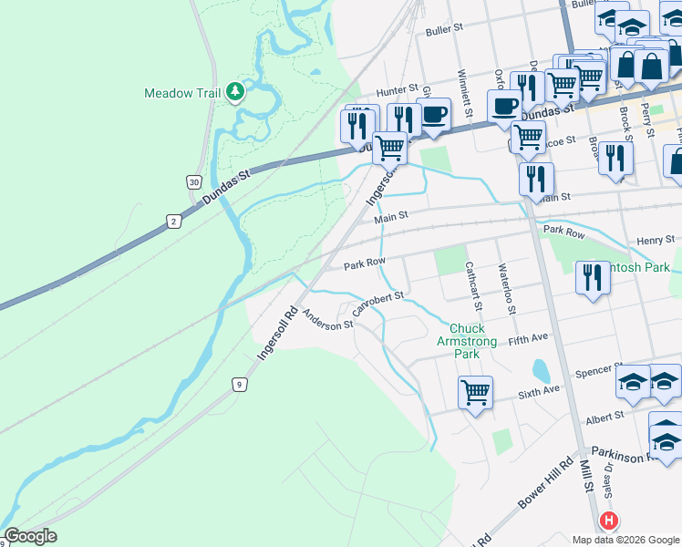 map of restaurants, bars, coffee shops, grocery stores, and more near 52 Park Row in Woodstock
