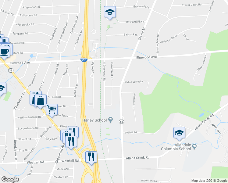 map of restaurants, bars, coffee shops, grocery stores, and more near 162 Clovercrest Drive in Rochester