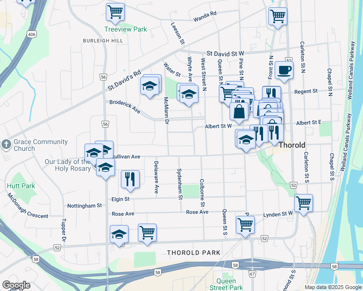 map of restaurants, bars, coffee shops, grocery stores, and more near 18 Thompson Avenue in Thorold