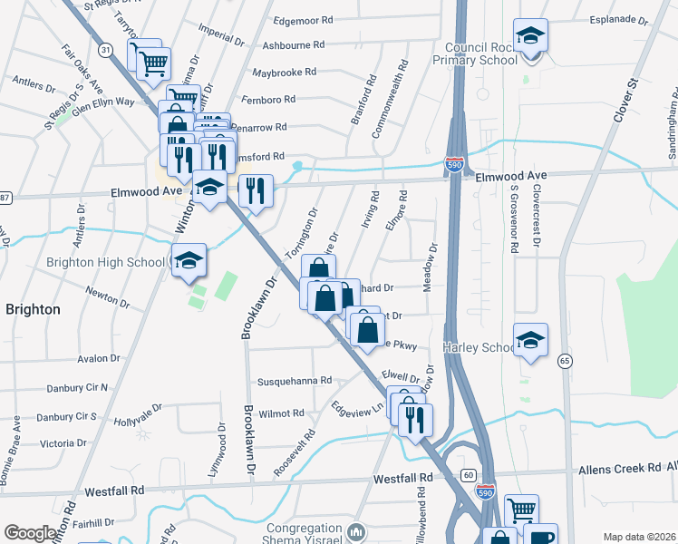 map of restaurants, bars, coffee shops, grocery stores, and more near 159 Irving Rd in Rochester