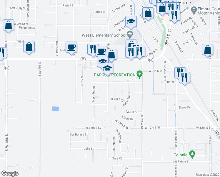 map of restaurants, bars, coffee shops, grocery stores, and more near 840 South Haskett Street in Mountain Home