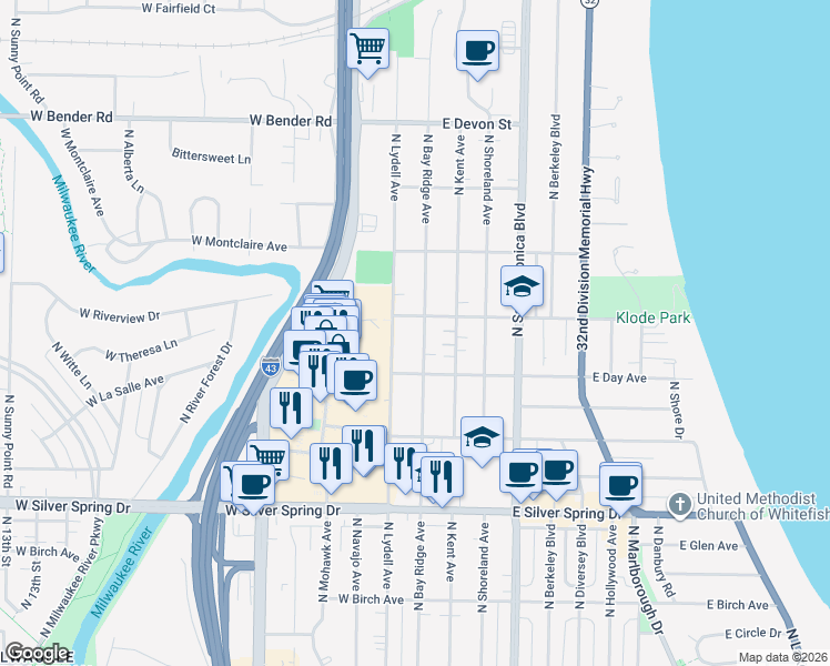 map of restaurants, bars, coffee shops, grocery stores, and more near 5849 North Bay Ridge Avenue in Whitefish Bay