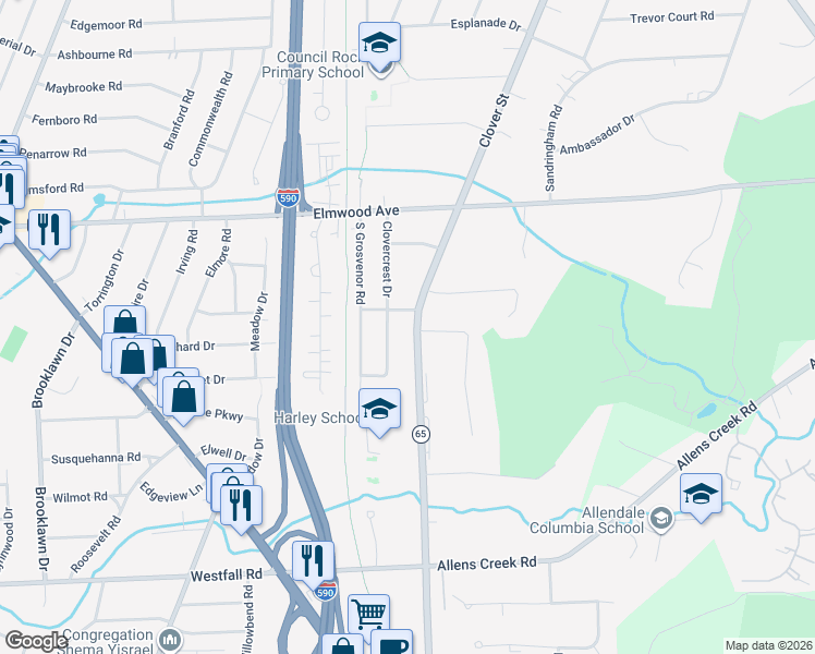 map of restaurants, bars, coffee shops, grocery stores, and more near 1777 Clover Street in Rochester