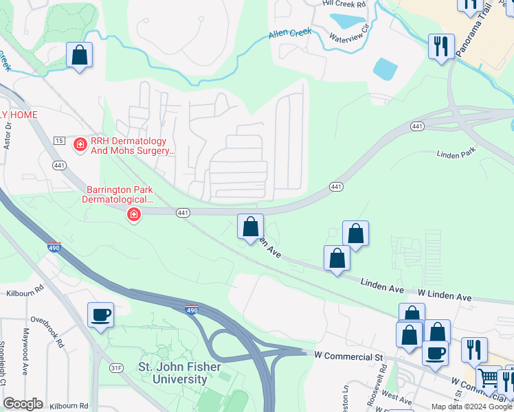 map of restaurants, bars, coffee shops, grocery stores, and more near 701 Linden Avenue in Rochester