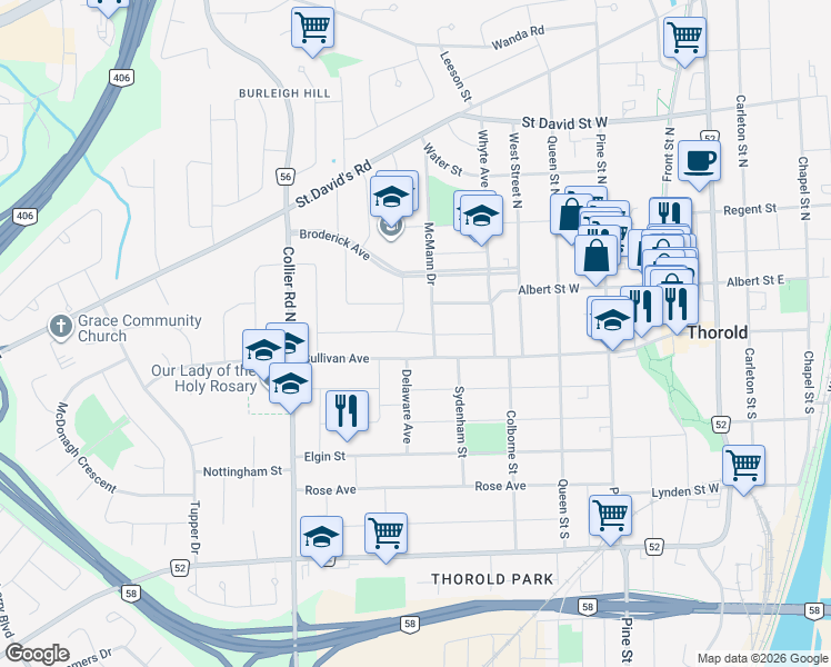 map of restaurants, bars, coffee shops, grocery stores, and more near Thompson Avenue in Thorold