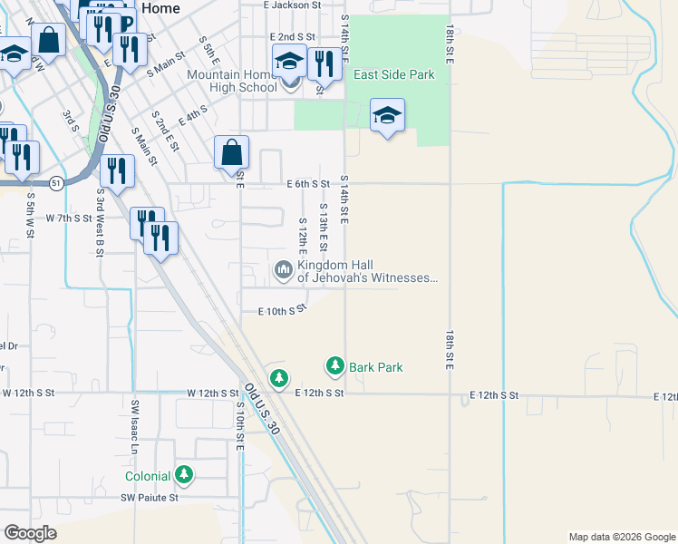 map of restaurants, bars, coffee shops, grocery stores, and more near 860 South 14th East Street in Mountain Home