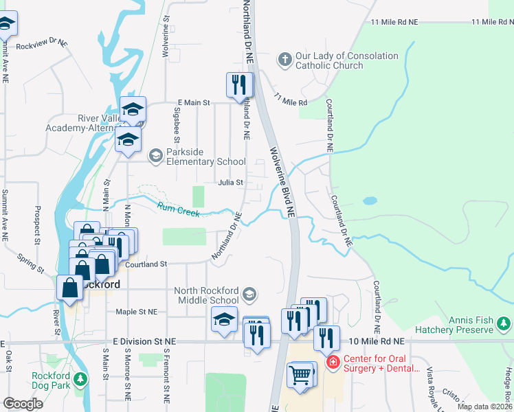 map of restaurants, bars, coffee shops, grocery stores, and more near 198 Northland Drive Northeast in Rockford