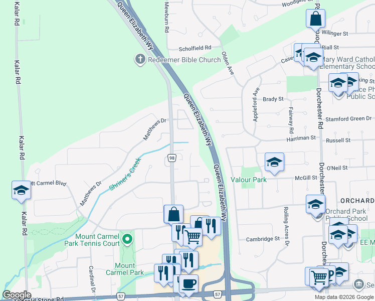 map of restaurants, bars, coffee shops, grocery stores, and more near 7591 Canterbury Crescent in Niagara Falls