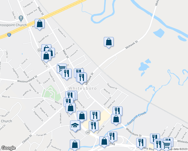 map of restaurants, bars, coffee shops, grocery stores, and more near 19 Old Mohawk Street in Whitesboro