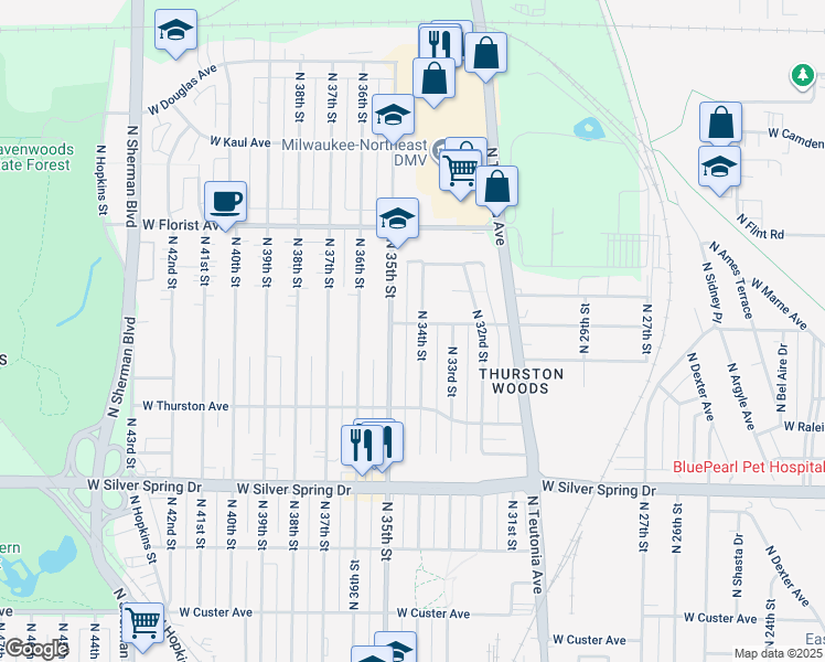 map of restaurants, bars, coffee shops, grocery stores, and more near 5822 North 35th Street in Milwaukee