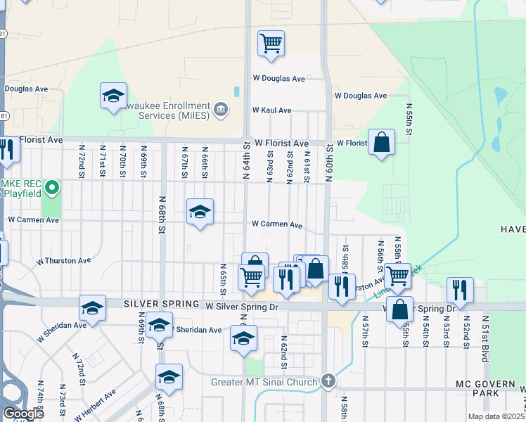 map of restaurants, bars, coffee shops, grocery stores, and more near 5815 North 63rd Street in Milwaukee