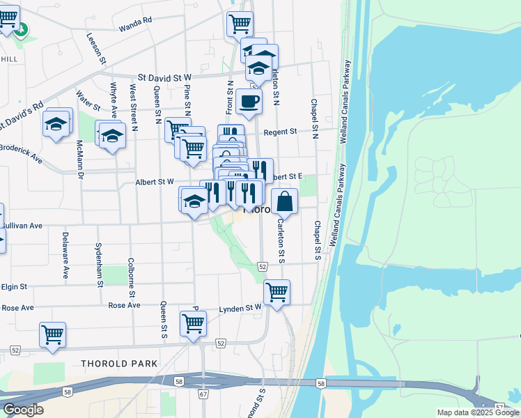 map of restaurants, bars, coffee shops, grocery stores, and more near 2 Elliot Street in Welland