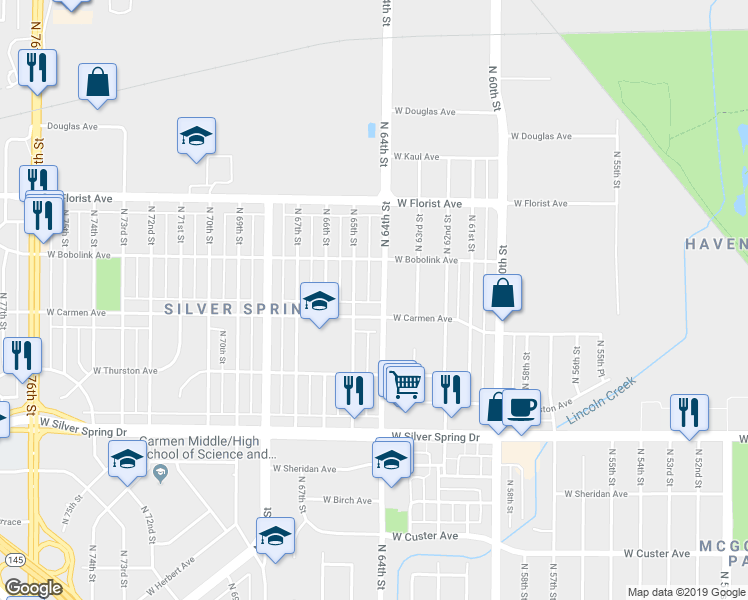 map of restaurants, bars, coffee shops, grocery stores, and more near 5821 North 64th Street in Milwaukee