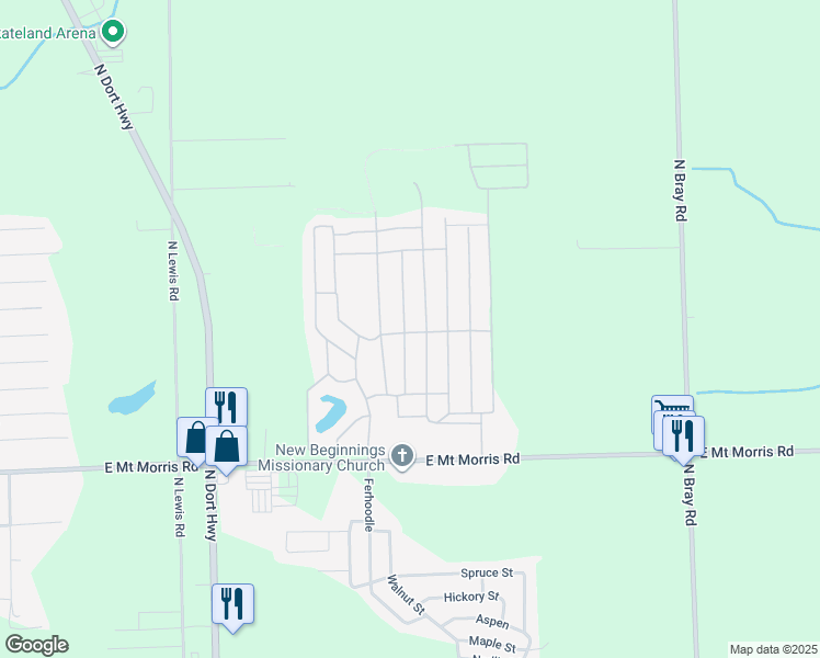 map of restaurants, bars, coffee shops, grocery stores, and more near 223 Pipers Lane in Mount Morris